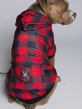 DIXXOON Red & Black Buffalo Plaid Dog Hoodie with Pocket Patch Size XS